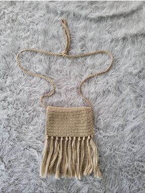 Y2k Crochet Crossbody Bag Fringe Khaki Knitted Purse Woven Boho Hippie Festival